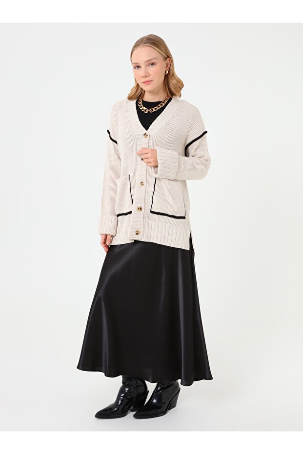 Contrast Detailed Knitwear Cardigan - Cream -