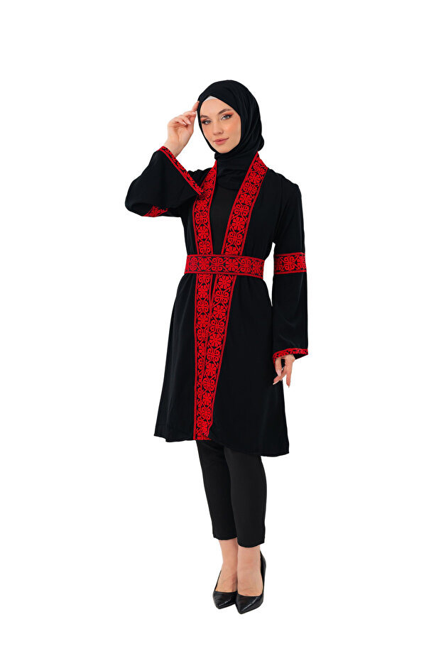 Hijab Coat Palestine Embroidered Red Black Short Coat Abaya Women