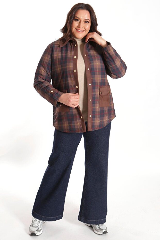 Trend42Plus Plus Size Plaid Patterned Brown Coat with Snap Buttons - 7