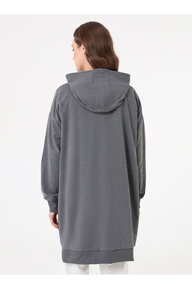 Basic Fermuarlı Kapüşonlu Sweatshirt - Gri Melanj - - 5