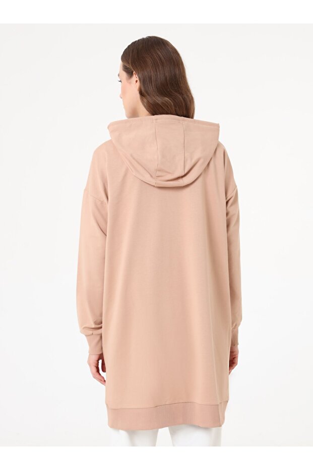 Basic Fermuarlı Kapüşonlu Sweatshirt - Koyu Krem - - 5
