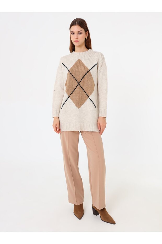 Baklava Patterned Sweater - Stone Color - - 2