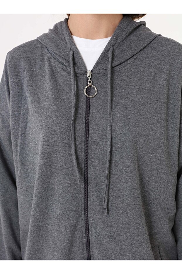 Basic Fermuarlı Kapüşonlu Sweatshirt - Gri Melanj - - 4