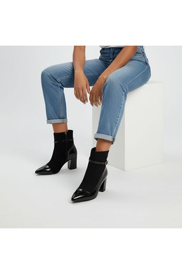 Black Suede Genuine Leather Patent Leather Paneled Women's Pointed Toe Thick Heeled Boots
