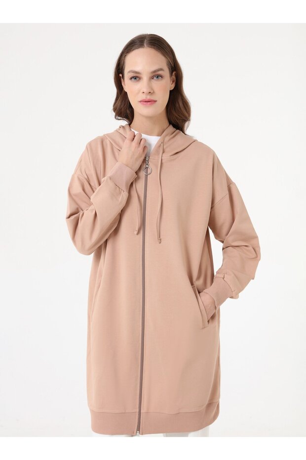 Basic Fermuarlı Kapüşonlu Sweatshirt - Koyu Krem - - 2