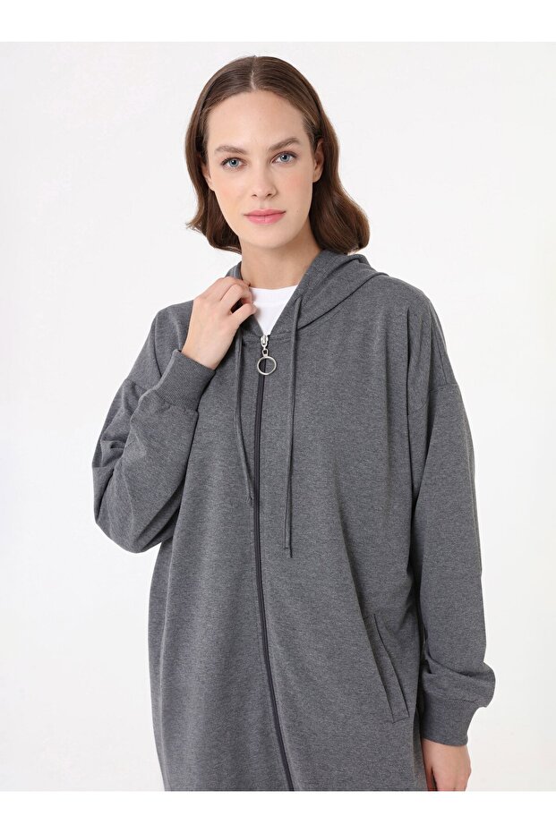 Basic Fermuarlı Kapüşonlu Sweatshirt - Gri Melanj - - 2