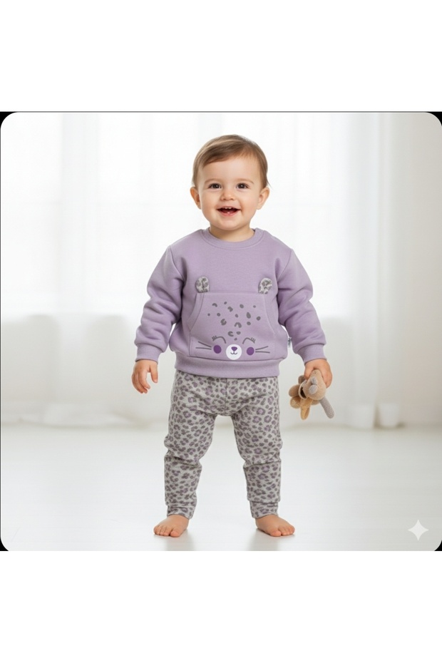 Nazar Bebe Cute Cat Three Thread Double Suit with Pockets