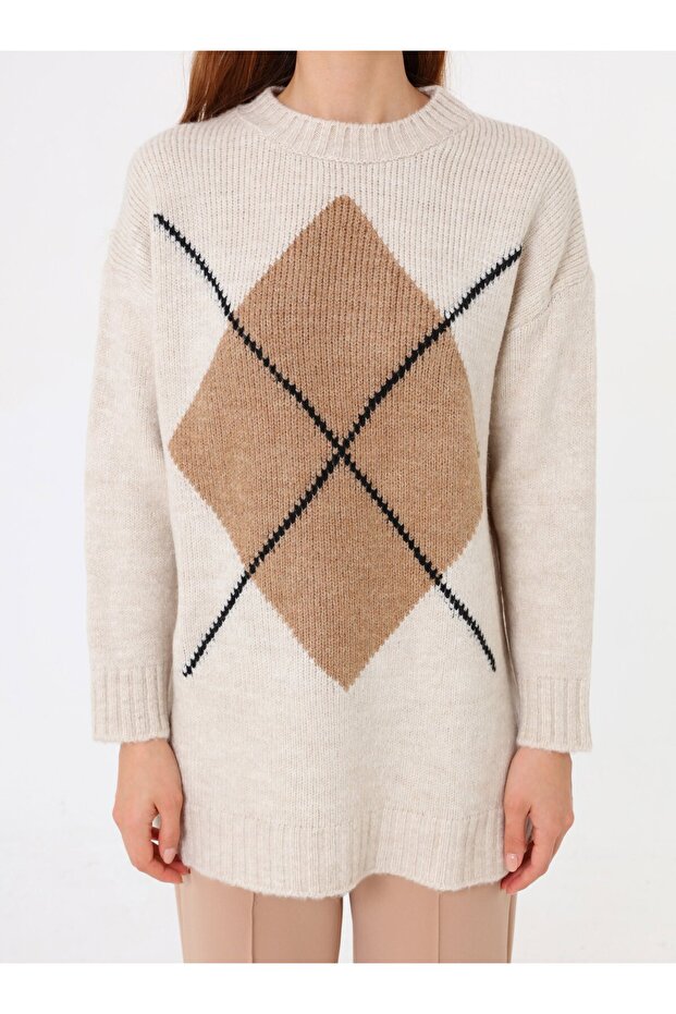 Baklava Patterned Sweater - Stone Color - - 3