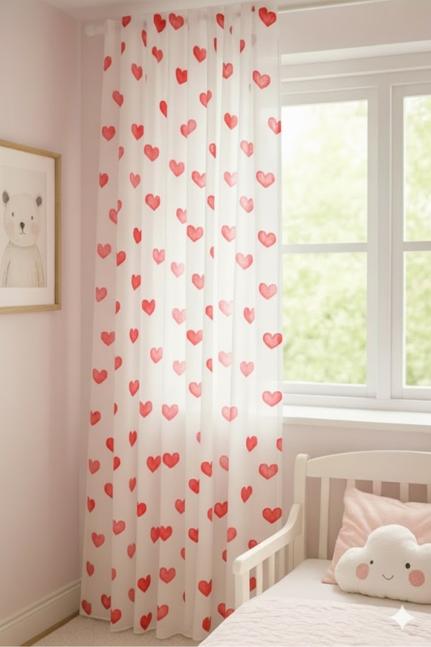 Heart Patterned Baby & Kids Room Tulle Curtain – Red Color Normal Pleat