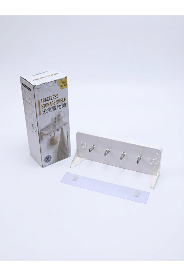 Adhesive wall shelf with 4 hooks for organization without drilling - 2