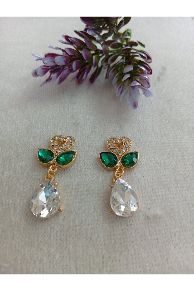 White Heart Green Leaf Stone Swinging Handmade Gold Earrings