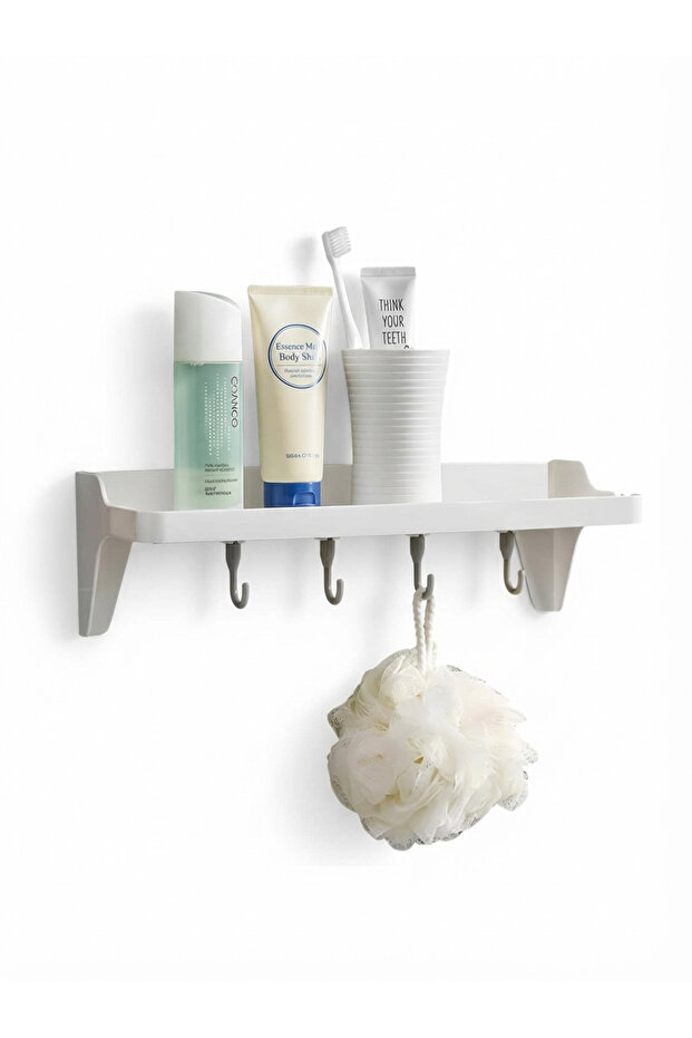 Adhesive wall shelf with 4 hooks for organization without drilling - 1