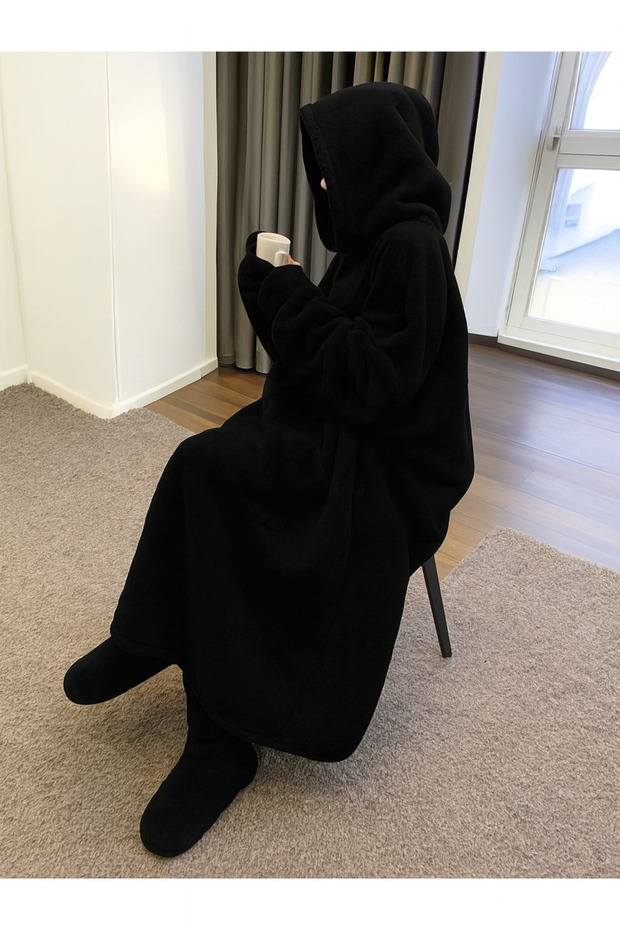 Unisex Wearable Blanket - Wellsoft Comfort Hooded Winter Blanket - Black