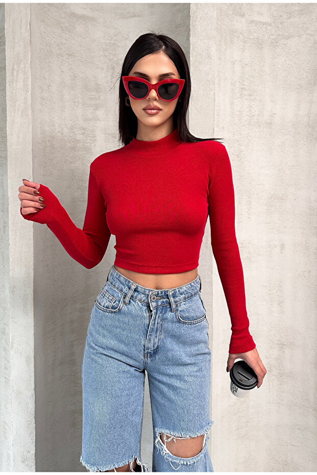 Half Fishing Collar Buttoned Long Sleeve Blouse Ribbed Knit Op Bluz