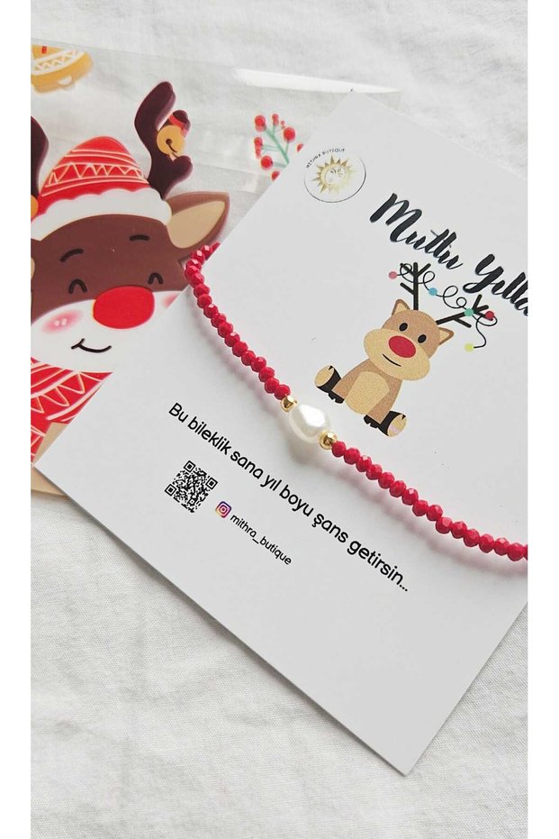 New Year's Themed Red Beaded Pearl Gift Bracelet - with Lucky Card and Special Christmas Gift Packaging