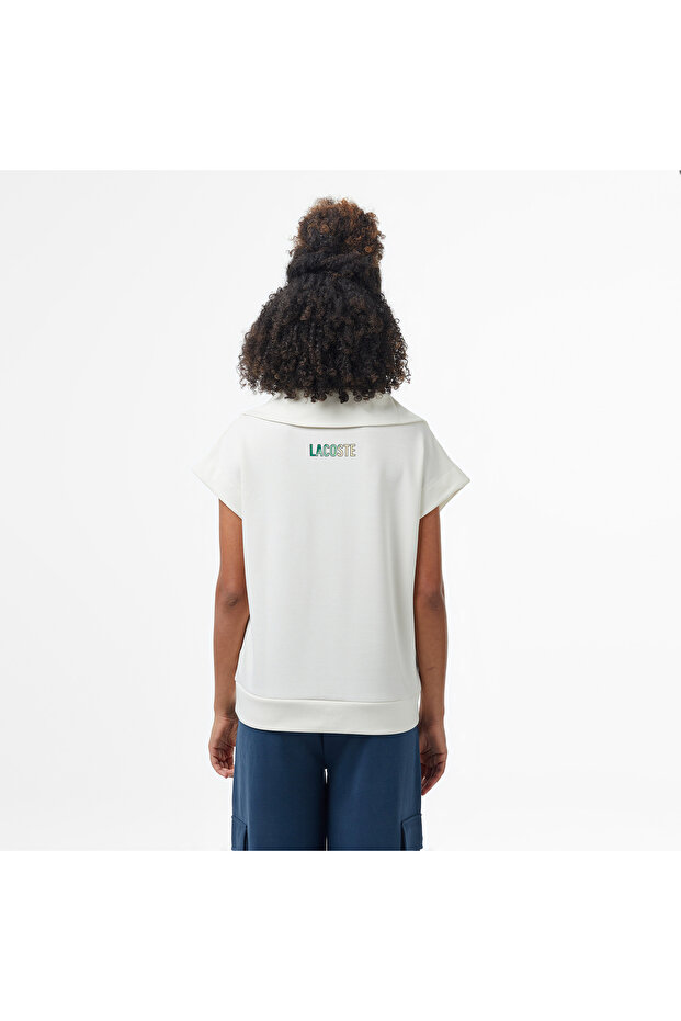 Kadın Kısa Kollu Yarım Fermuarlı Beyaz Sweatshirt - 2
