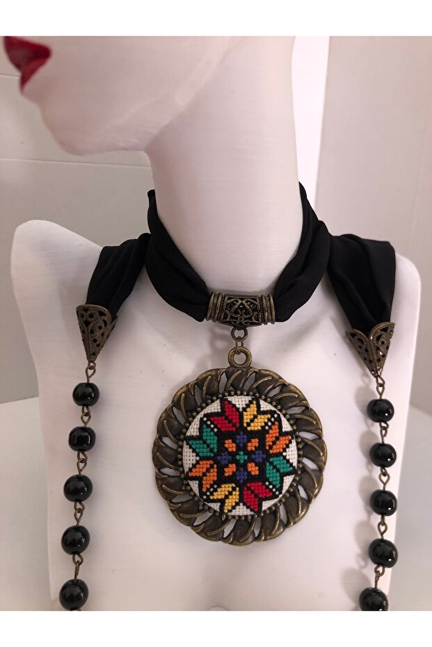 Kanaviçe İşlemeli Fular Kolye - 2