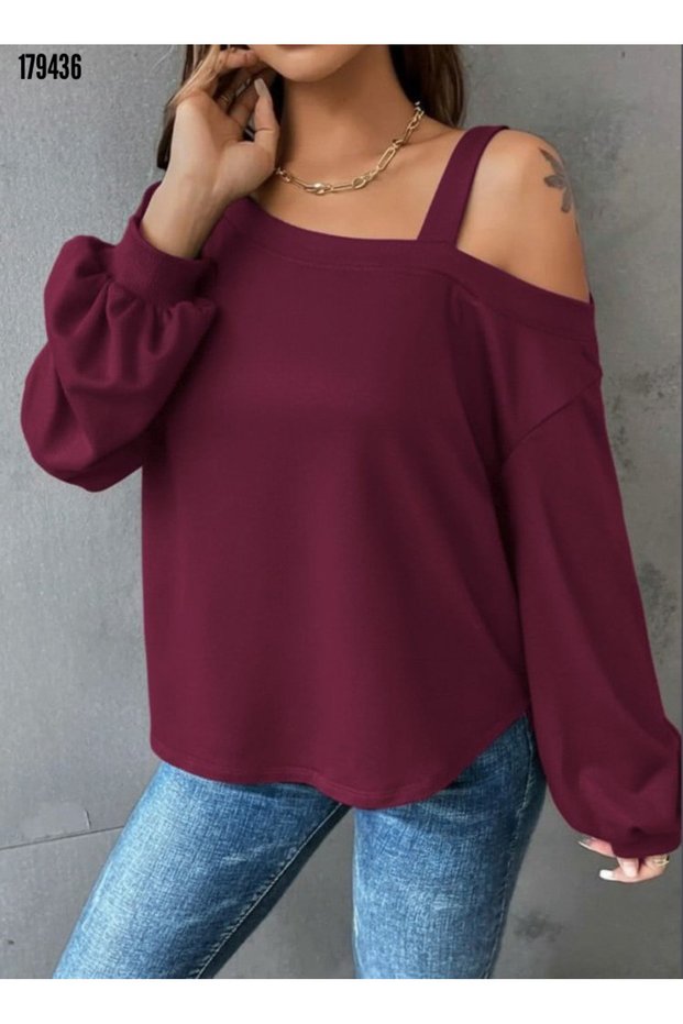 Women's Long Sleeve Single Shoulder Strap Detail Loose Viscose Two Thread Blouse