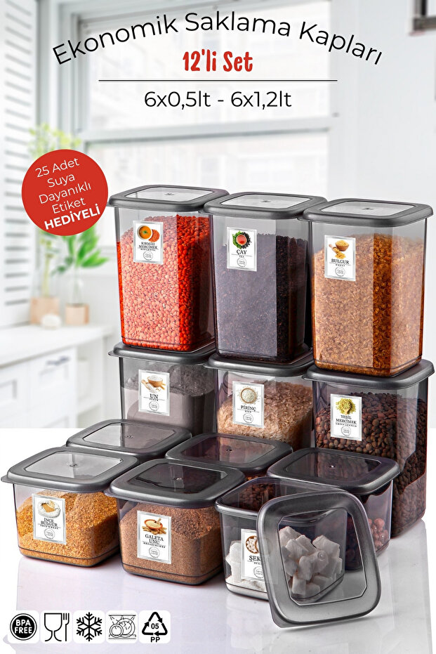 Set of 12 Anthracite Economical Unbreakable Storage Containers with Labels 6X0,5/6X1,2 Lt.
