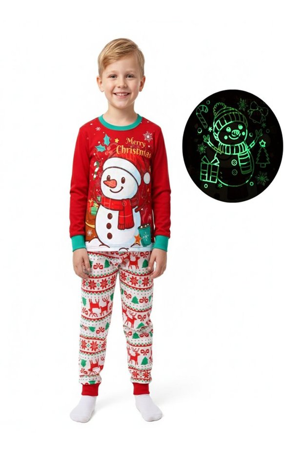 Unisex Red Snowman Glow Christmas Pajama Set