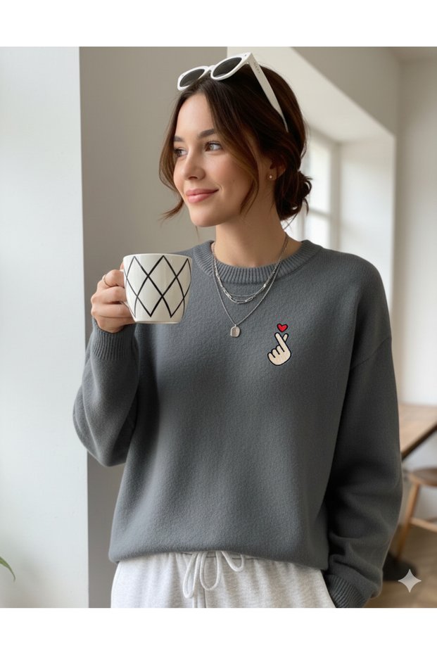 Heart Embroidered Special Extra Soft Fabric Women's Knitwear Sweater