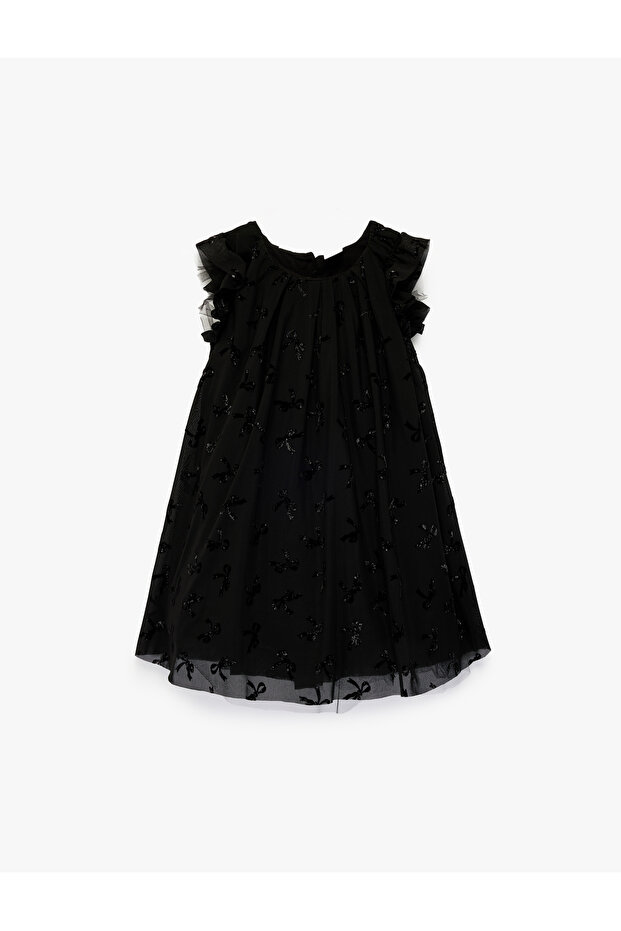 Ruffled Tulle Dress with Bow Detail and Crew Neck