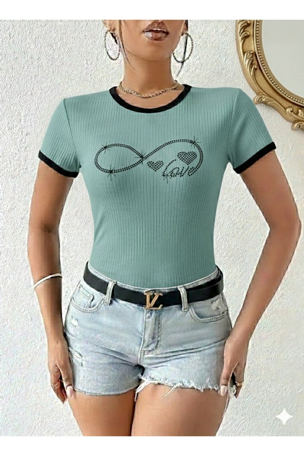 Women's Mint Color Crew Neck Basic Slim Fit Short Sleeve Bodysuit Full Stretch Fabric Full Fit Length 55Cms