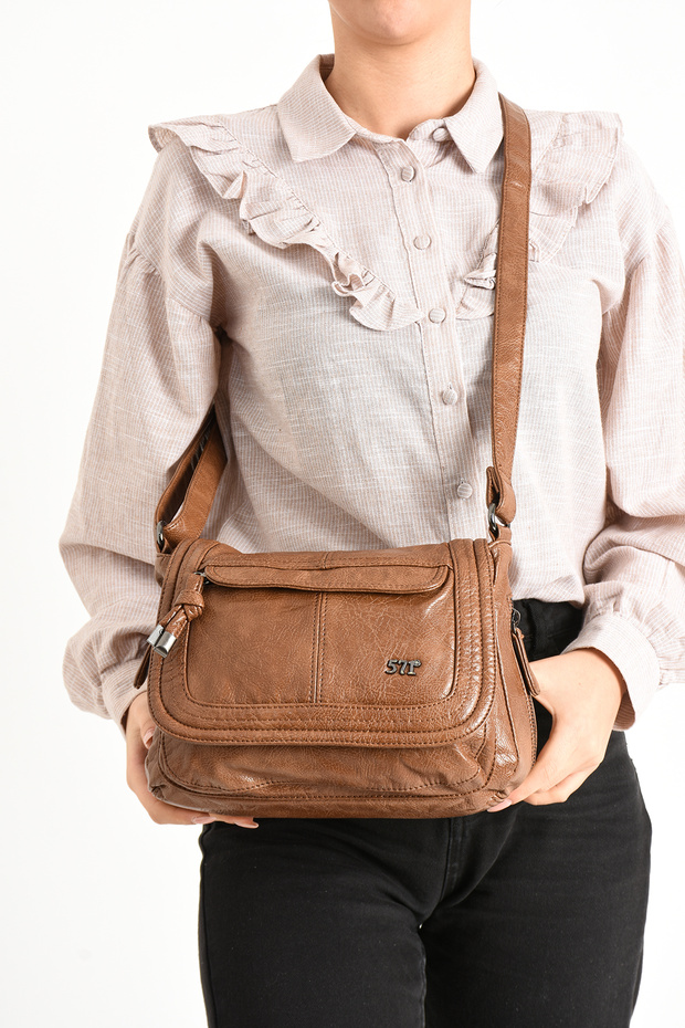 Women's Leather-Look Multi-Pocket Crossbody Shoulder Bag with Adjustable Strap – Black/Grey/Tan