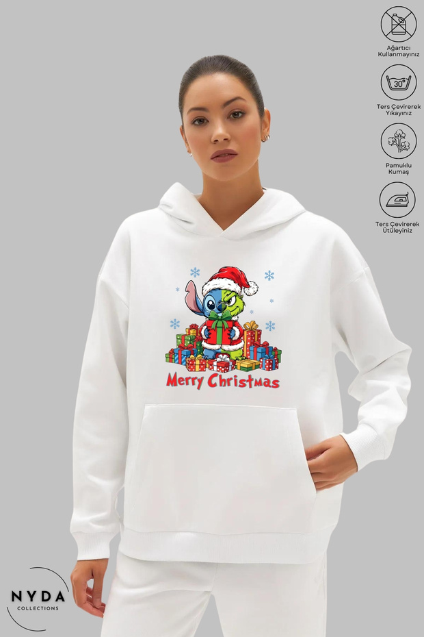 Unisex Hoodie Long Sleeve Stitch Grinch Christmas Printed Hooded Fleece-Lined Oversized Cotton Sweatshirt