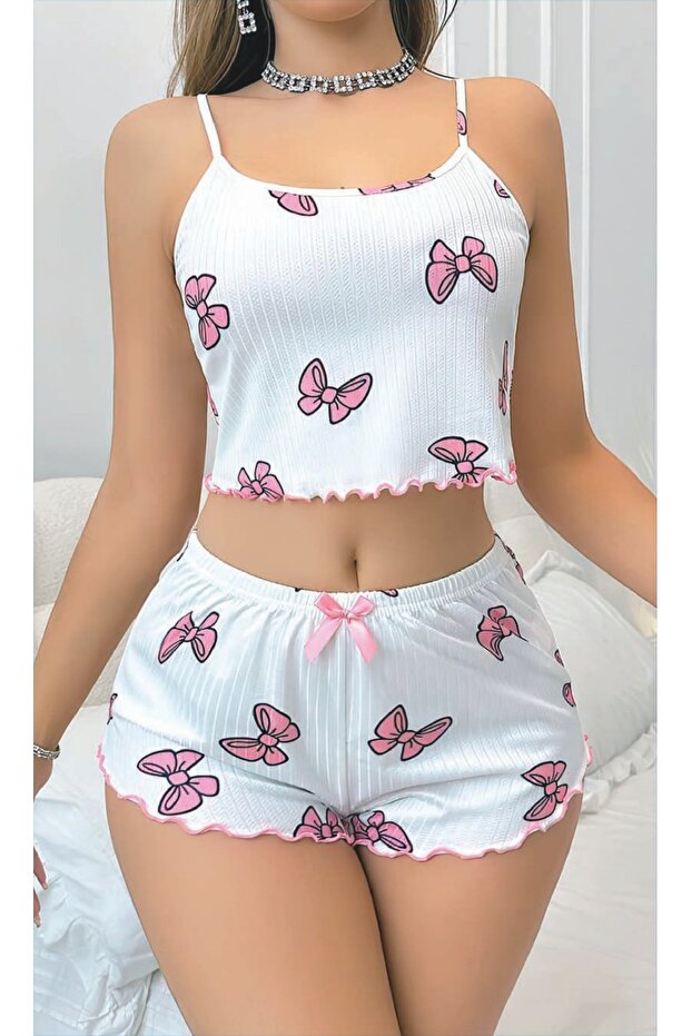 طقم شورت بنقشة الفيونكة – مجموعة عصرية بحمالات رفيعة - 1