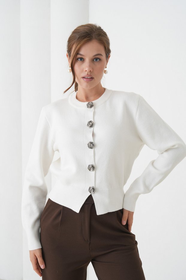 Women's Crew Neck Floral Button Detailed Premium Knitwear Cardigan
