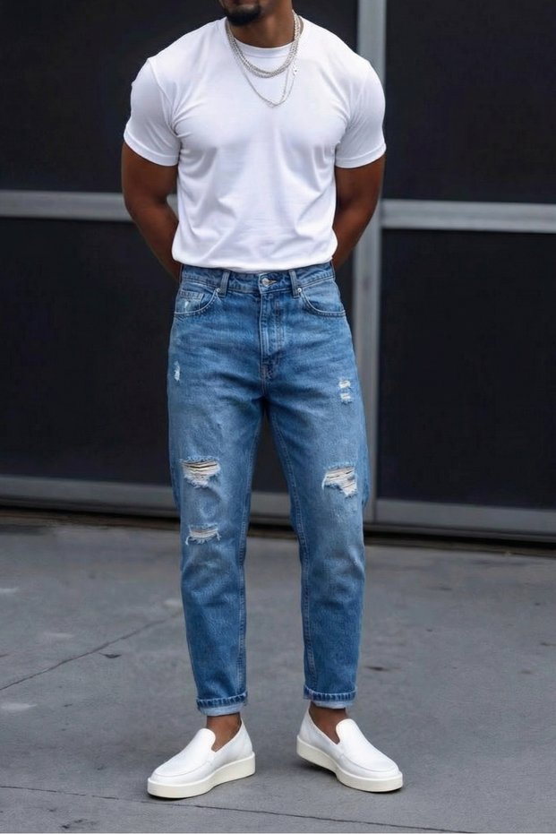 Boyfriend Men's Ripped Detailed Blue Denim Jean Trousers Ke-251