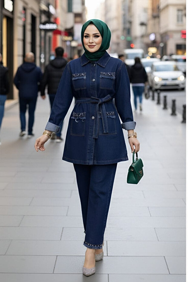Women's Stone Detailed Tunic and Pants Dark Denim Blue Two-Piece Set