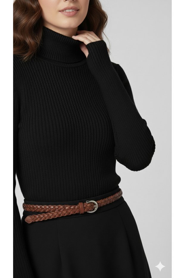 Women's High Neck Stretch Fabric Knitwear Badi – Finger-Through Sleeve, One Size, 100% Acrylic
