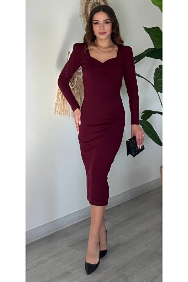 Kalp Yaka Midi Boy Triko Elbise - 3