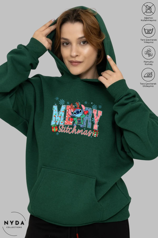 Unisex Hoodie Long Sleeve Merry Stitchmas Printed Hooded Fleece-Lined Oversized Cotton Sweatshirt