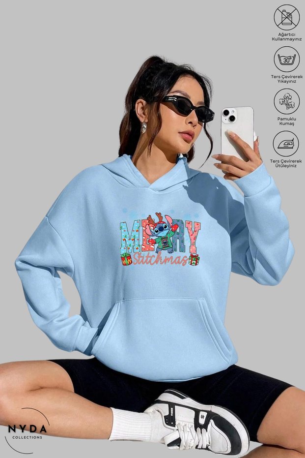 Unisex Hoodie Long Sleeve Merry Stitchmas Printed Hooded Fleece-Lined Oversized Cotton Sweatshirt