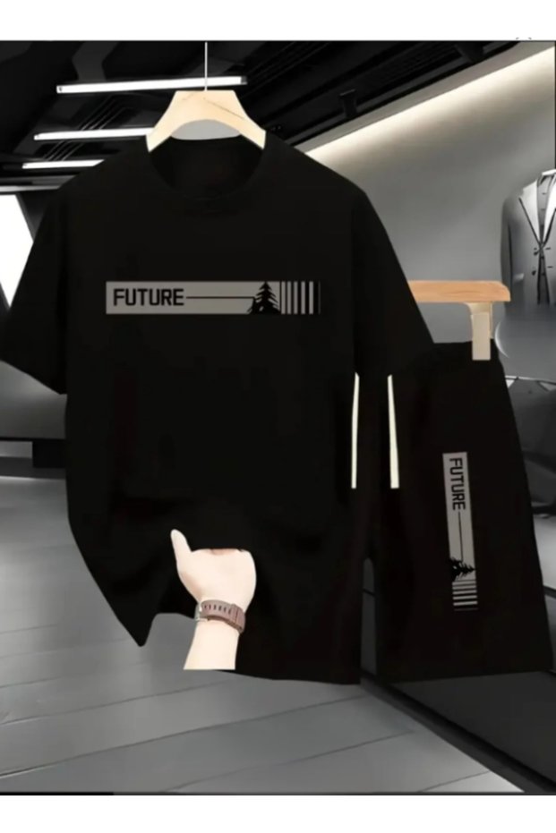 Black Future Summer Short Sleeve Tshirt Shorts Two-Piece Set