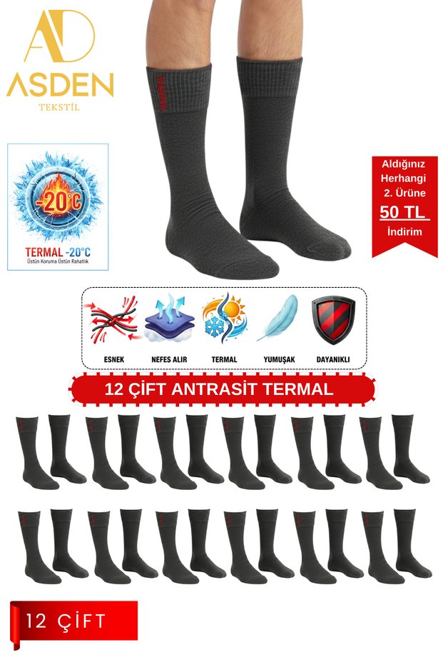 12 Pairs of Thermal Men's Socks | Extra Thick Towel Premium Cotton | Burun Stitch-Free Winter (Anthracite)