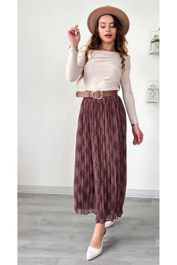 تنورة شيفون مبطنة بنقشة مزخرفة بحزام - 2