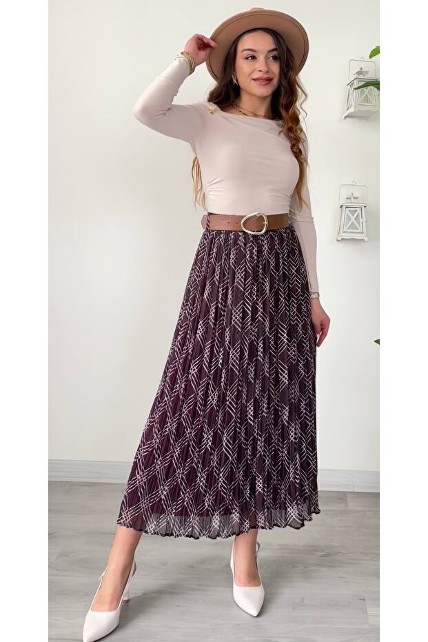 تنورة شيفون مبطنة بنقشة مزخرفة بحزام - 5