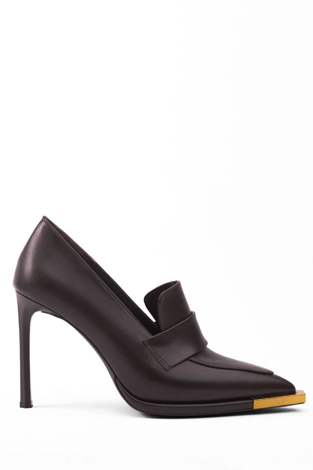 Women's High-Heel Leather-Look Loafers with Gold Toe Detail