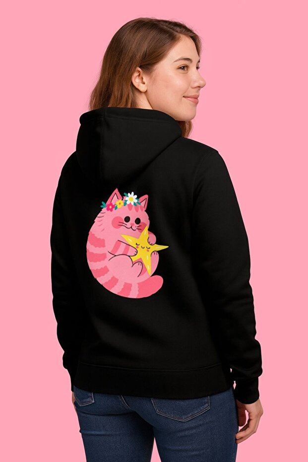 Cute Cat Printed Oversized Unisex Hooded Sweatshirt – 3 Thread Heavyweight Grammage Soft Fabric