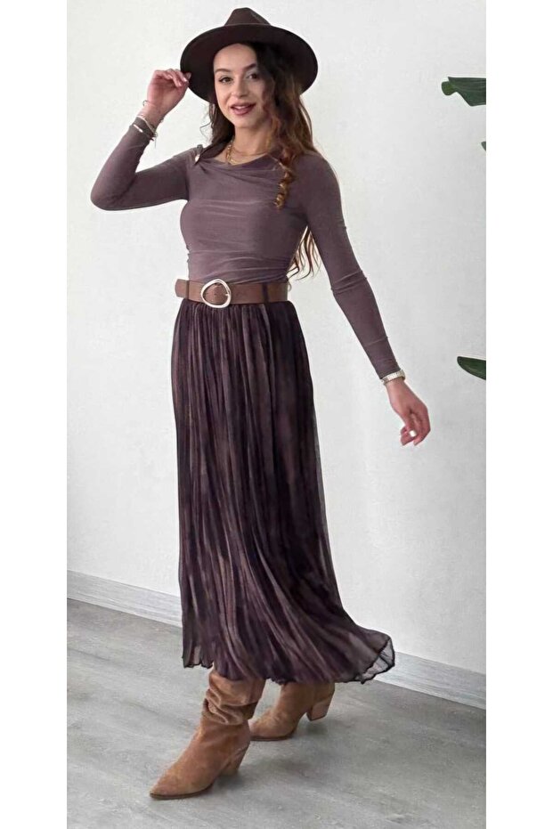 تنورة شيفون مبطنة بنقشة مزخرفة بحزام - 2