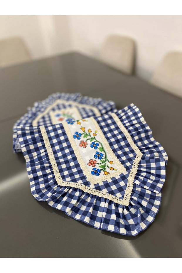 Blue Gingham Ruffled Cross-Stitch Detailed Runner (Cross-Stitch Pattern May Vary)