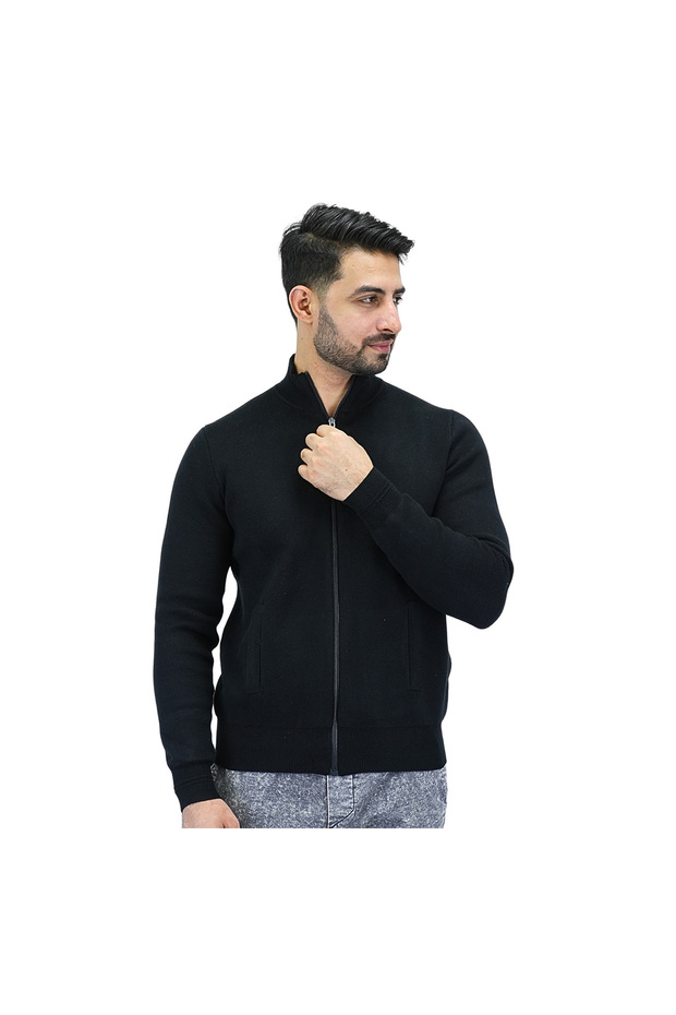 Men's Texture Stitch Mock Neck Long Sleeve Full Zipper Cardigan