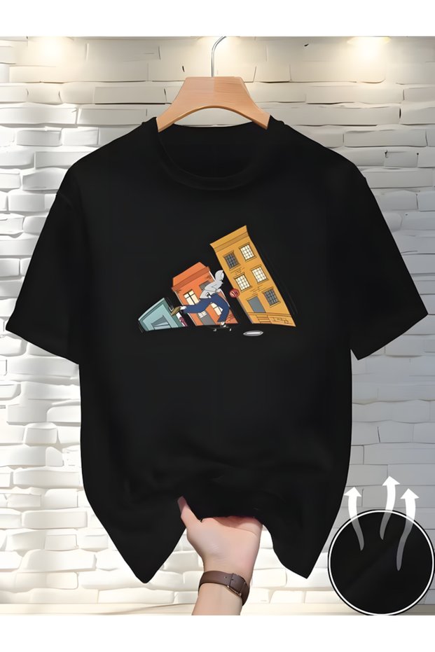 Zenrova Unisex Oversized ADRUN Printed Cotton Crew Neck Short Sleeve BLACK T-SHIRT