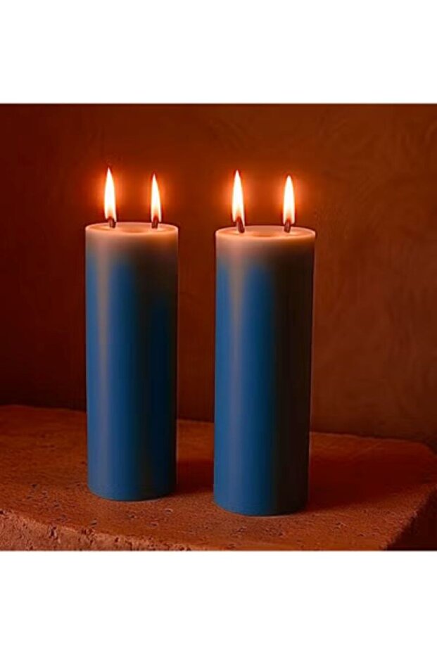 Handmade Set of 2 Pillar Candles with 2 Flame Wicks – Unscented – Size 8 x 25 cm – Blue Color