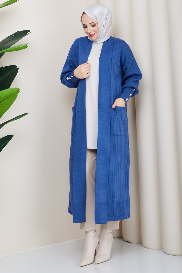 Women's Sleeve Buttoned Shawl Collar Steel Knitted Sweater Cardigan