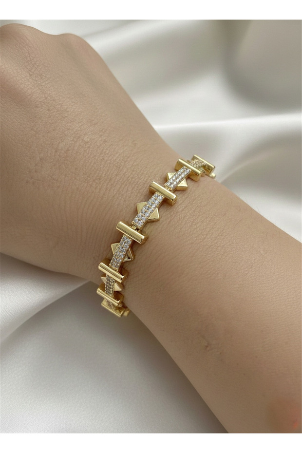 Gold Color Geometric Bar and Triangle Detailed Stone Bracelet